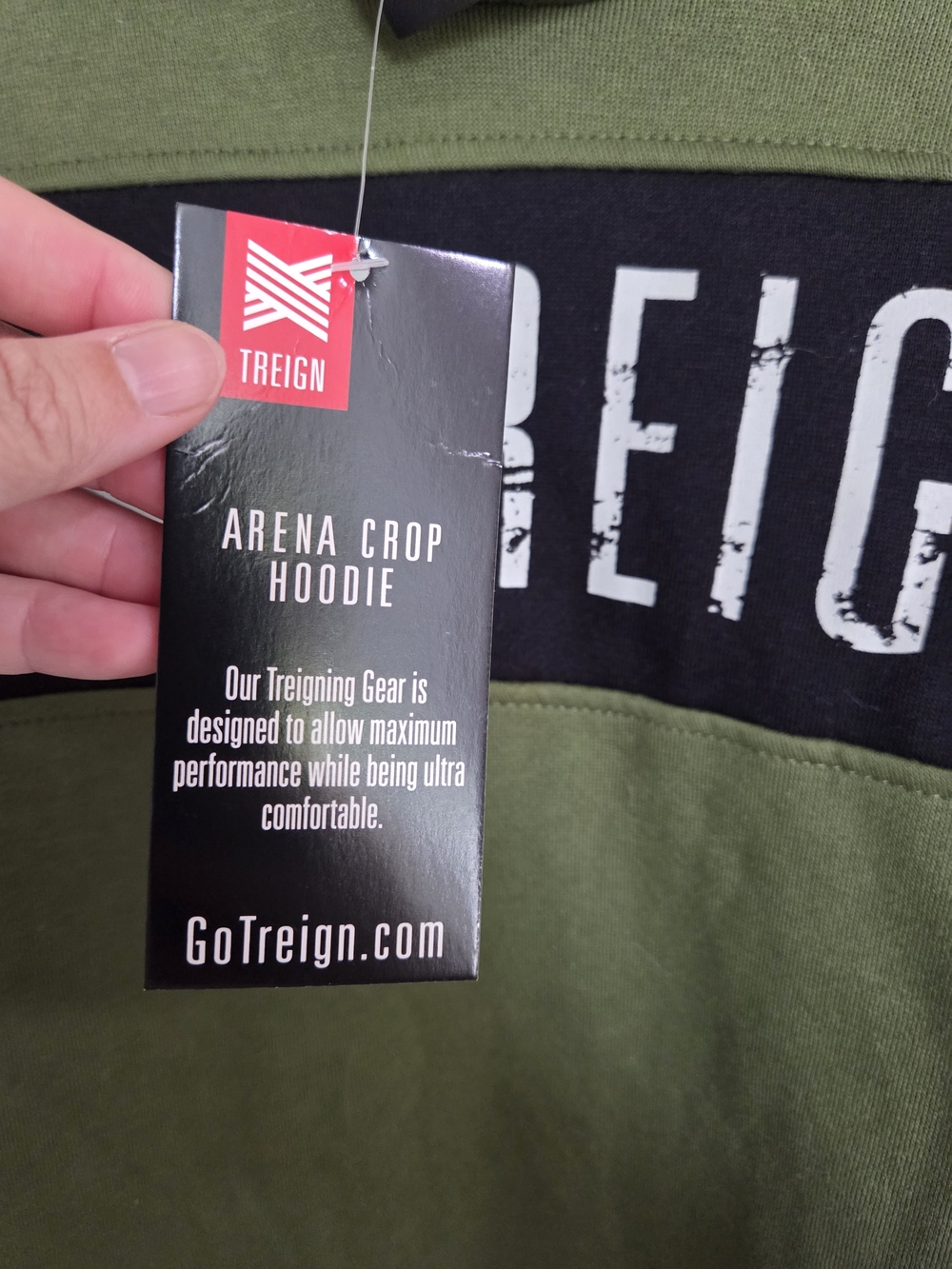 Treign Olive Green Hoodie with Black Chest Panel and White Logo - Picture 4 of 7